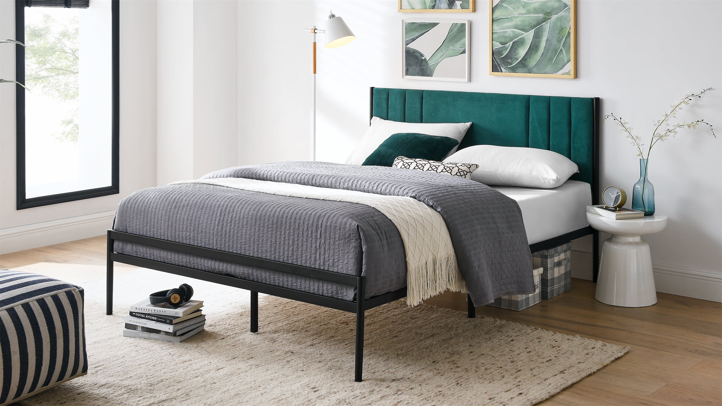 BSHTI Full Size Platform Bed Frame with Upholstered Headboard and wood slats,simple and elegant design Platform Bed Frame for livingroom