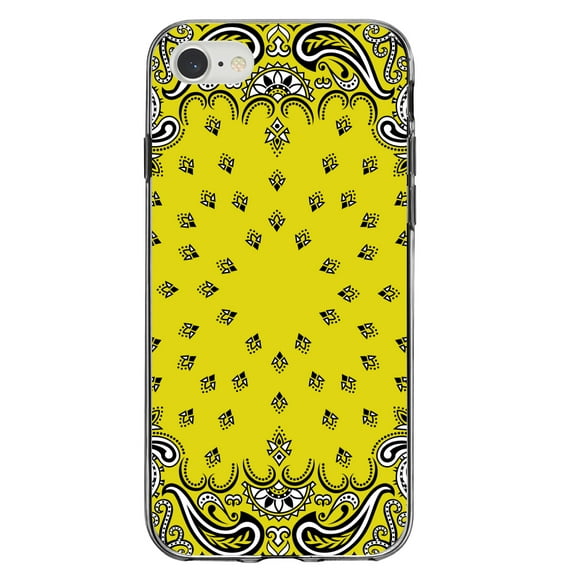DistinctInk Clear Shockproof Hybrid Case for iPhone 7 8 SE (2020 Model) 4.7" Screen TPU Bumper Acrylic Back Tempered Glass Screen Protector - Bandana Print - Yellow, Black, White