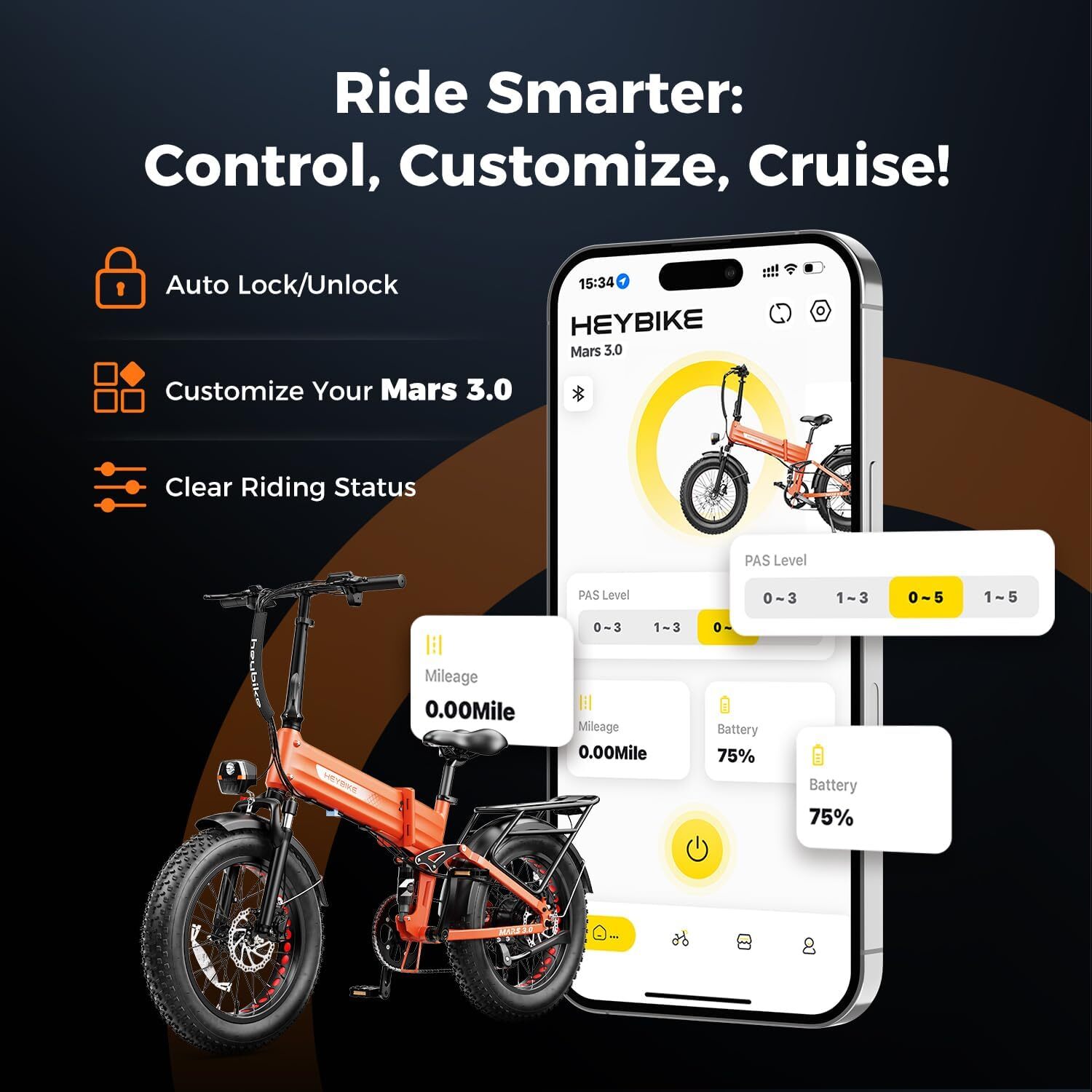 Heybike Mars 3.0 Electric Bike for Adults, 1400W Peak Motor Foldable Ebike with 48V 13AH Removable Battery, 20" Fat Tire Electric Bicycles, Up to 30+MPH & NFC Unlock, UL2849