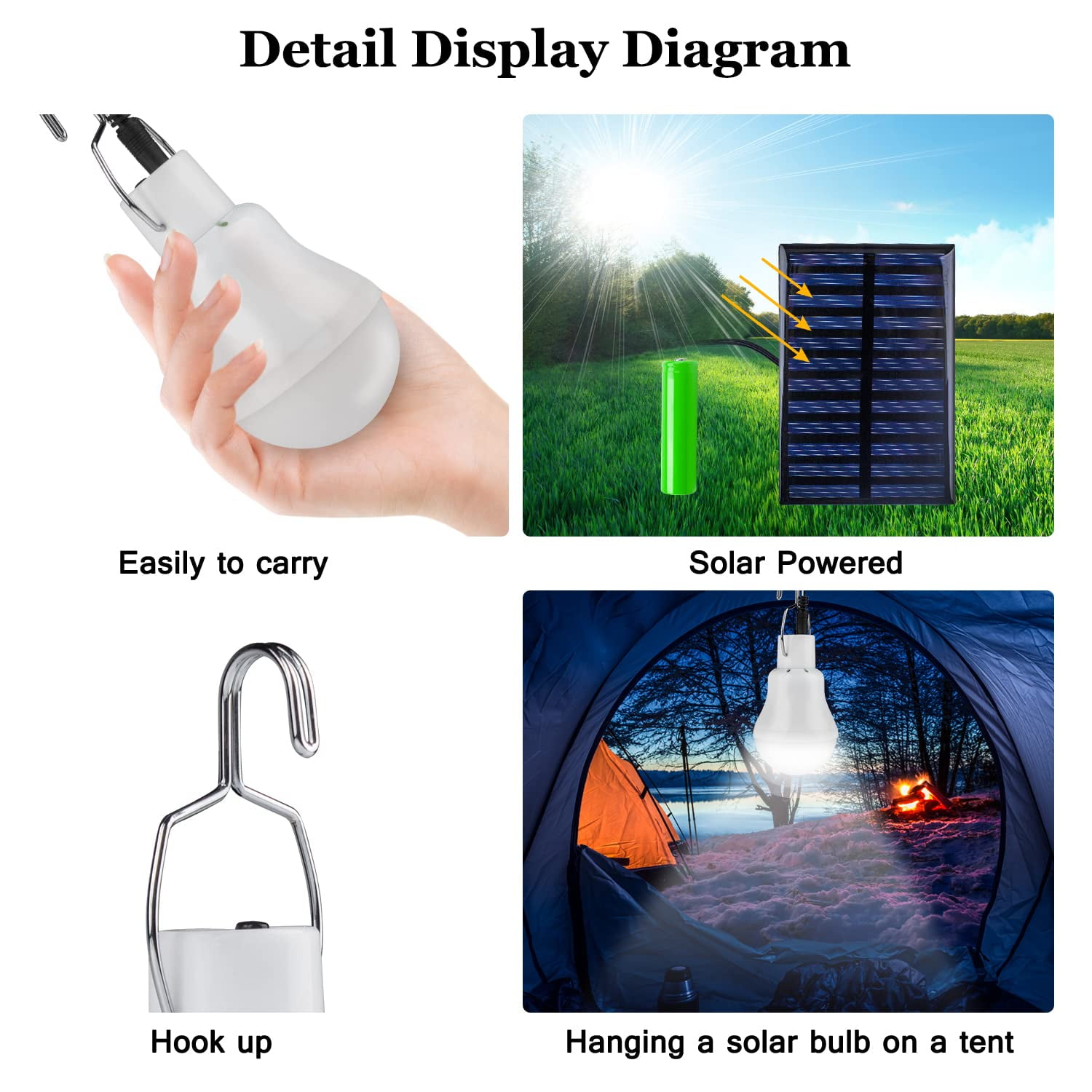2 PCS Outdoor Lights, Solar LED Light Bulbs for Indoor Home and Chicken Coop, Waterproof Camping Lamps for Tent, Rechargeable Solar Lights for Shed Night, Emergency Power Outage and Outside, White