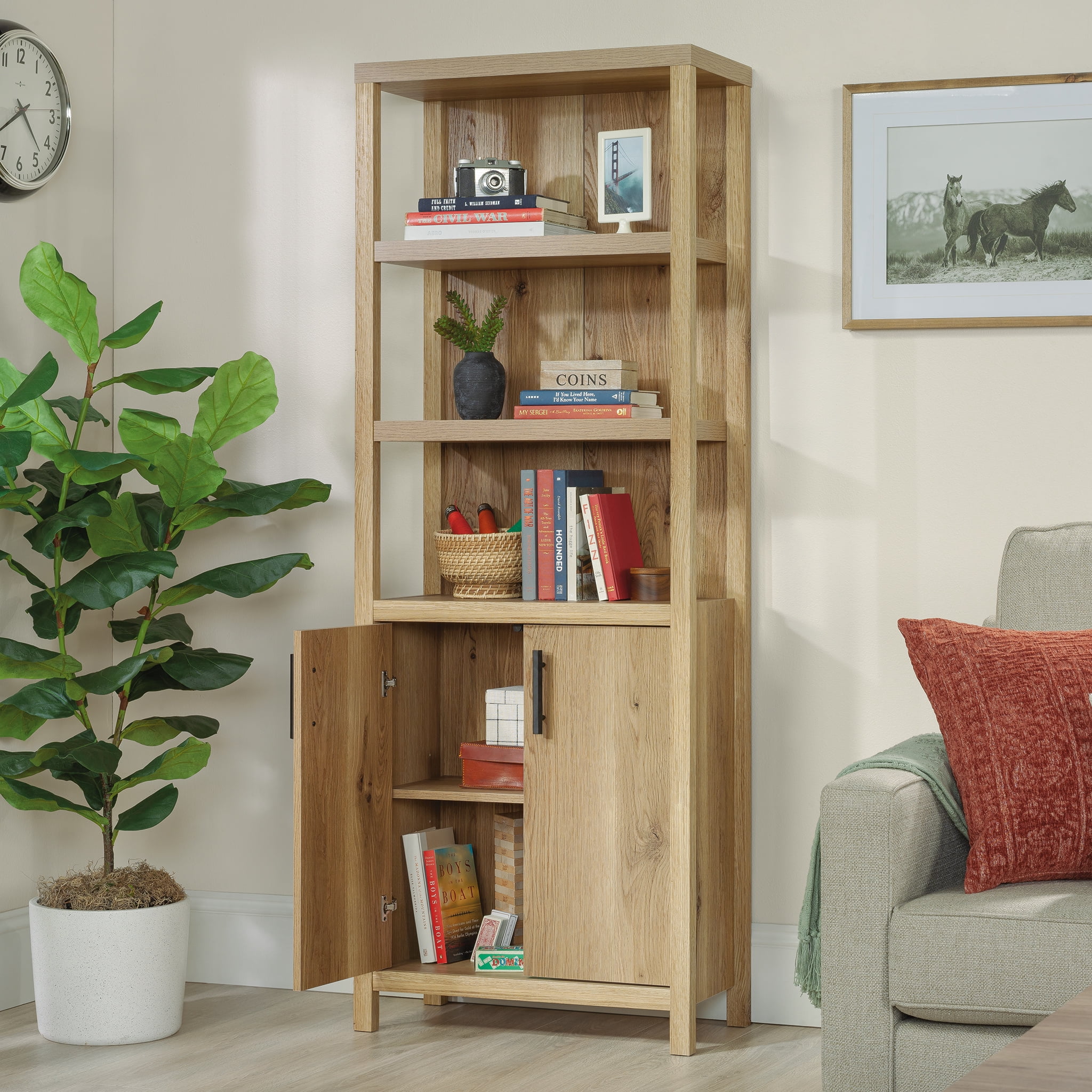 Erie Collection by Sauder Library Bookcase W/ Doors, Timber Oak Finish