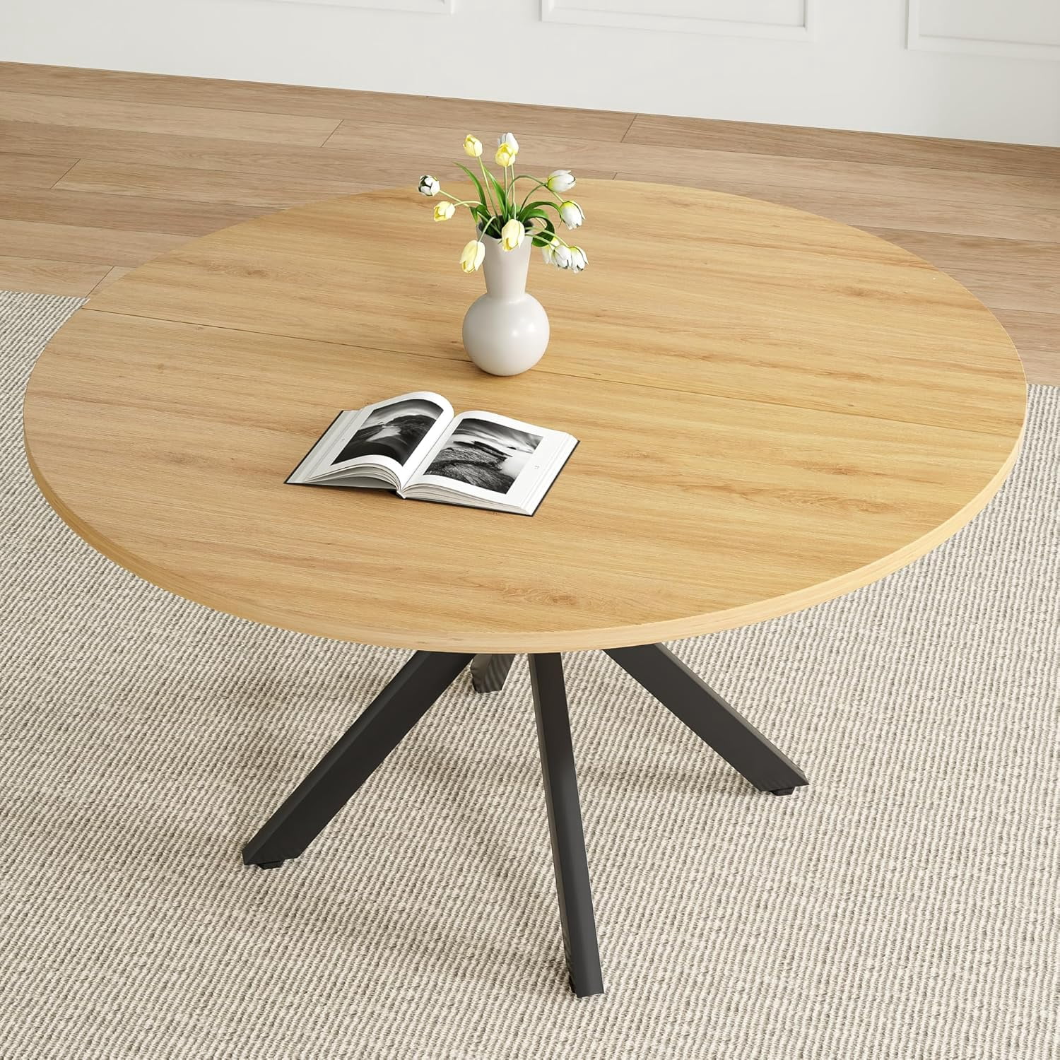Farini 47" Round Dining Table, Mid-Century Modern Wood Table with Metal Base, Seats 4-6, for Kitchen or Dining Room, Nature