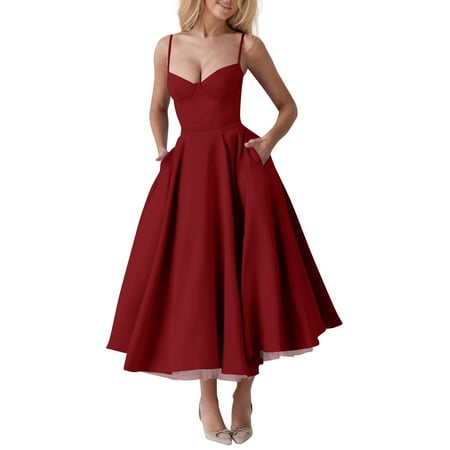 Zhensanguo Plus Size Formal Dresses for Women Vintage 2025 Casual Dress Corset Spring Midi Dresses Prom Cocktail Dress with Pockets Red XL