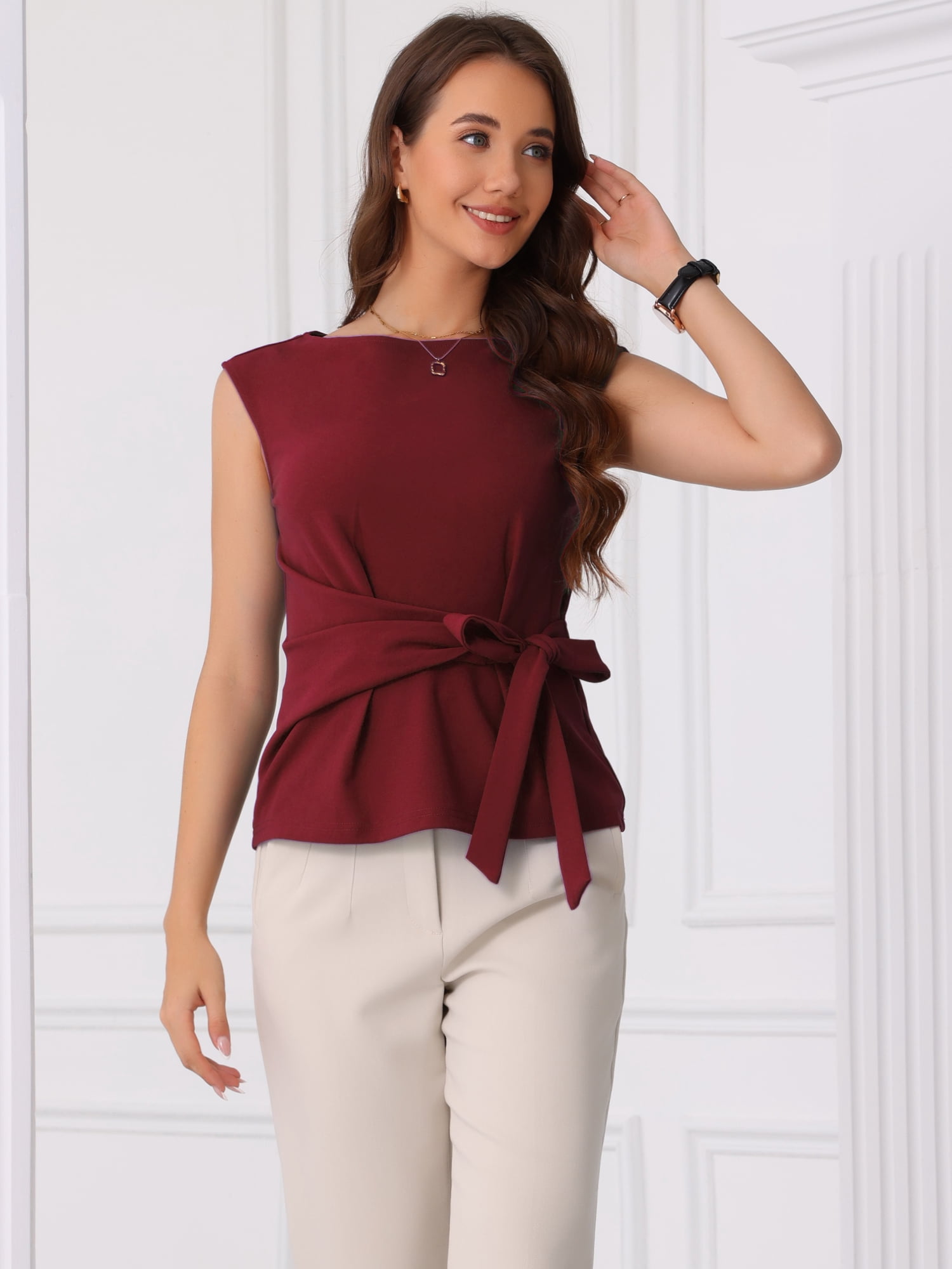 DARING DIVA Women's Elegant Side Tie Wrap Cap Sleeve Blouses XS Burgundy
