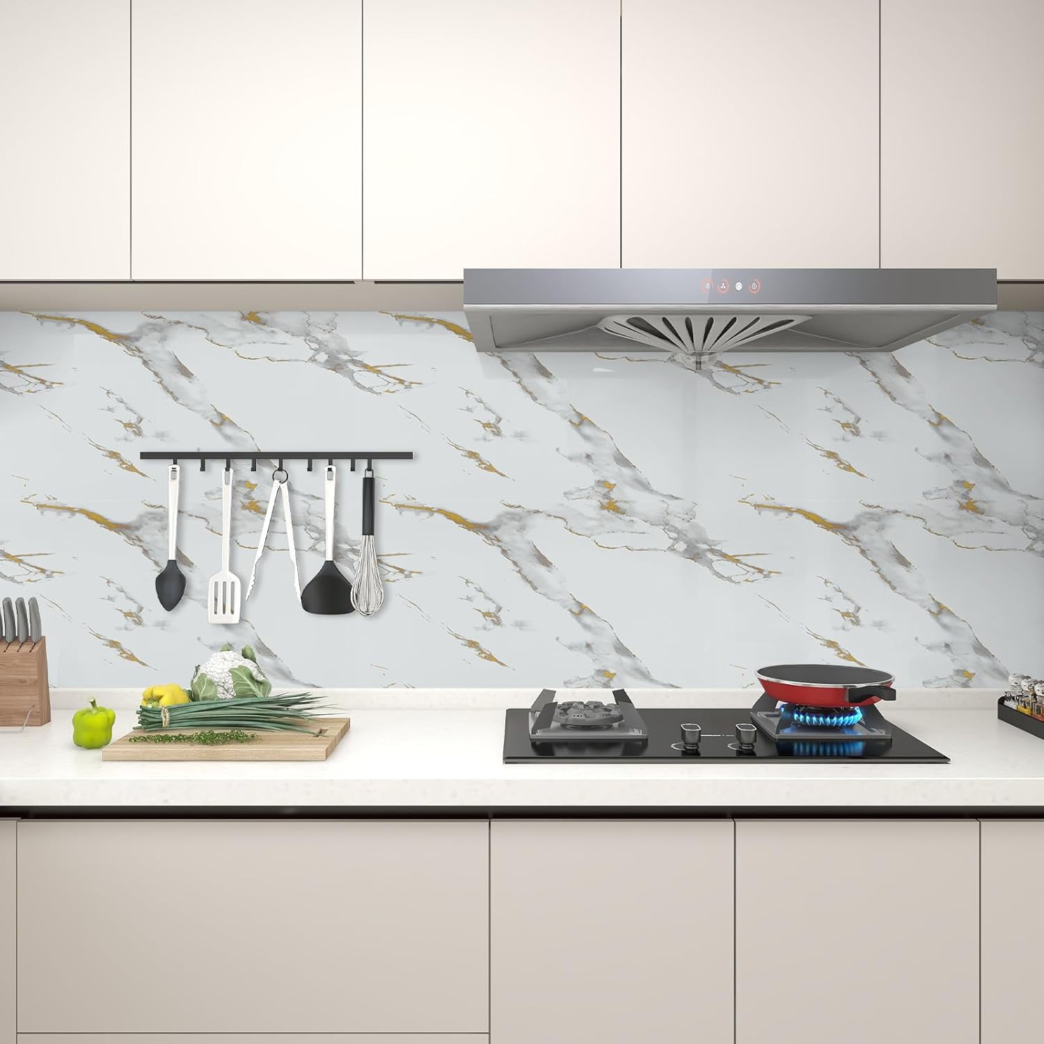 MaxxMarket Glossy Marble Wallpaper Peel and Stick White/Gold Granite Contact Paper Removable Wall Paper for Kitchen Countertop Cabinet Furniture 17.7" x 78.7"