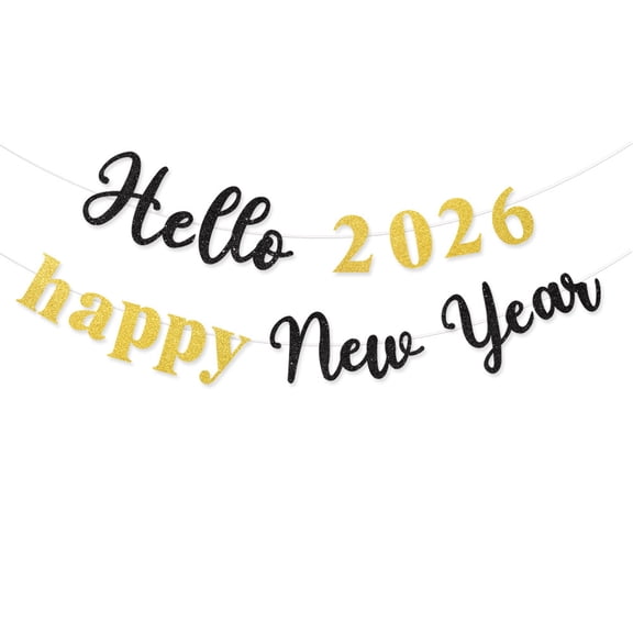 Glitter Hello 2026 Happy New Year Banner Decorations Pre Strung Black Eve Banner Sign Party Supplies 2026 for Happy New Year Decorations Party Supplies Home Holiday