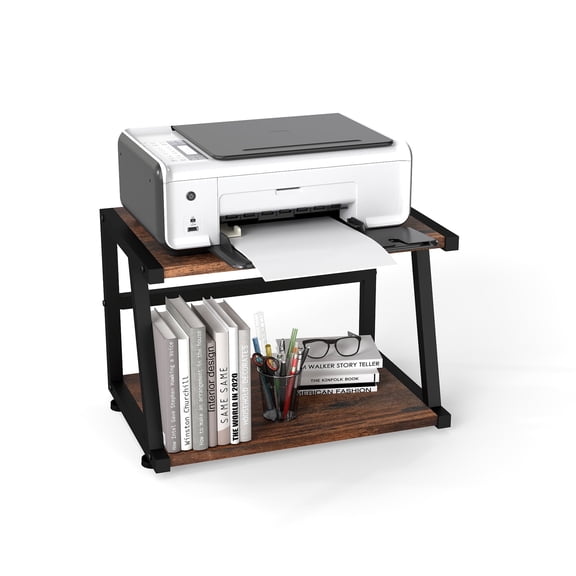 LOGYAT Printer Stand for Desk, 2 Tier Desktop Printer Shelf with Storage, Holder Stand Organizer for Home Office, Dark Brown