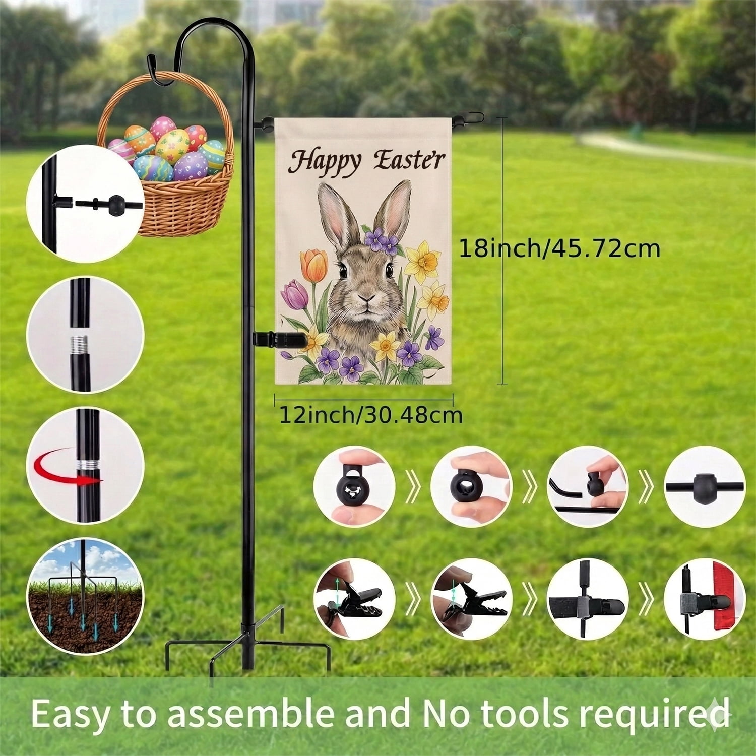 PUCACHI Garden Flag Holder - Upgraded Outdoor Easter Garden Flag Pole with Shepherd Hooks for 12 x 18" Flag, 45in Yard Flag Holder Stand for Small Flags, 2Pack