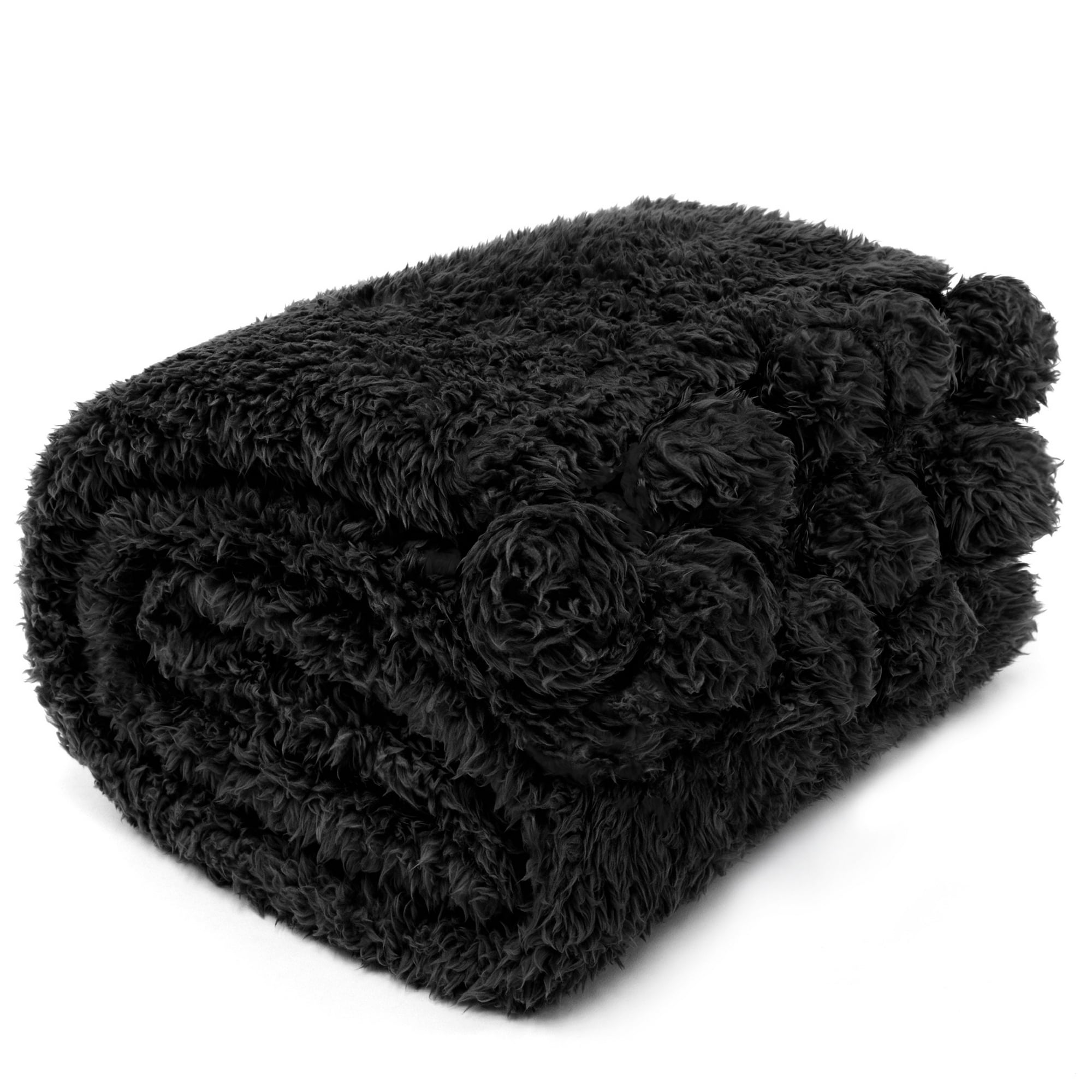 Pavilia Black Sherpa Throw Blanket With Soft Pom Pom Fringe Plush Cozy Warm Blankets For Couch Bed Sofa Fuzzy Fleece Throw With Pompom Lightweight