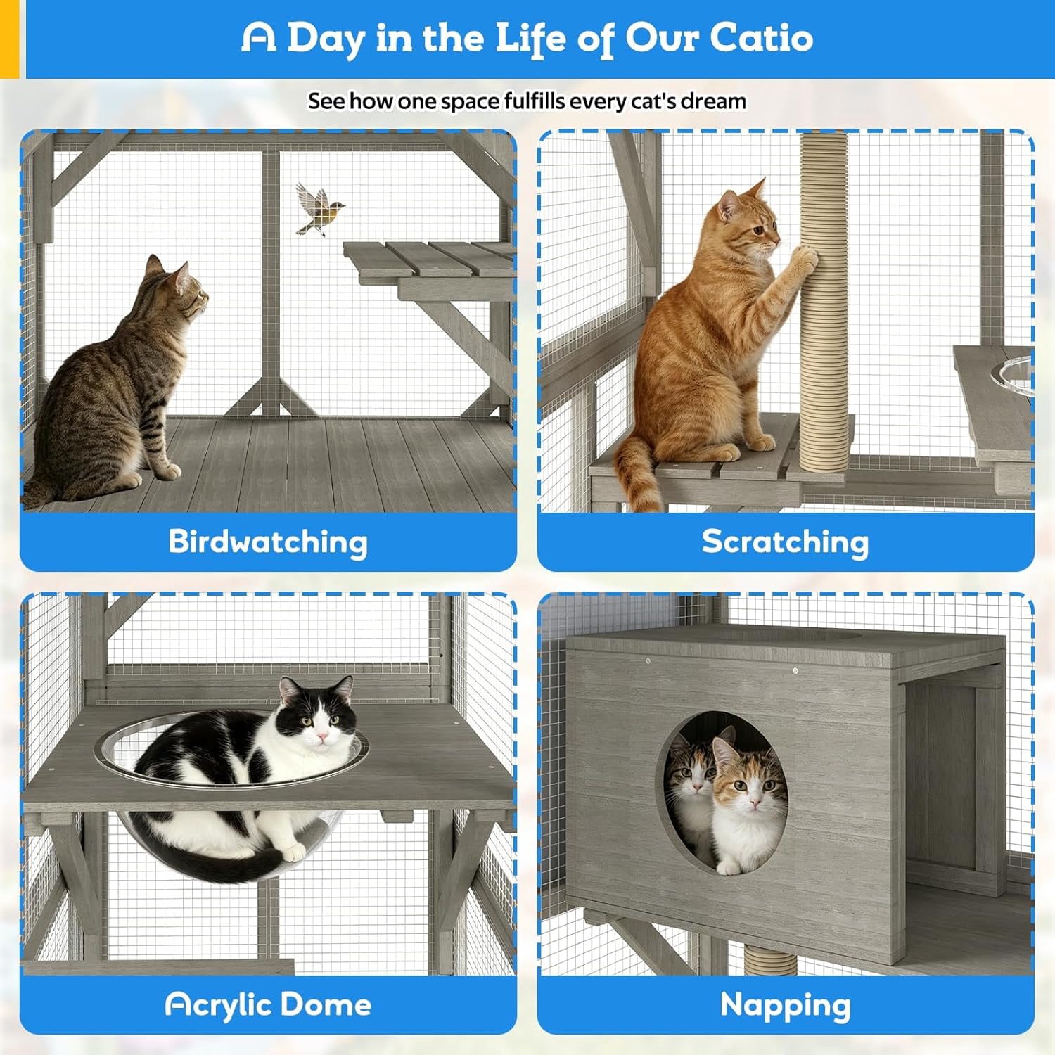 66" Tall Portable Catio Outdoor Cat Enclosure with Wheels, Window Connection Cat House, 4-Tier Activity Center with Acrylic Pod