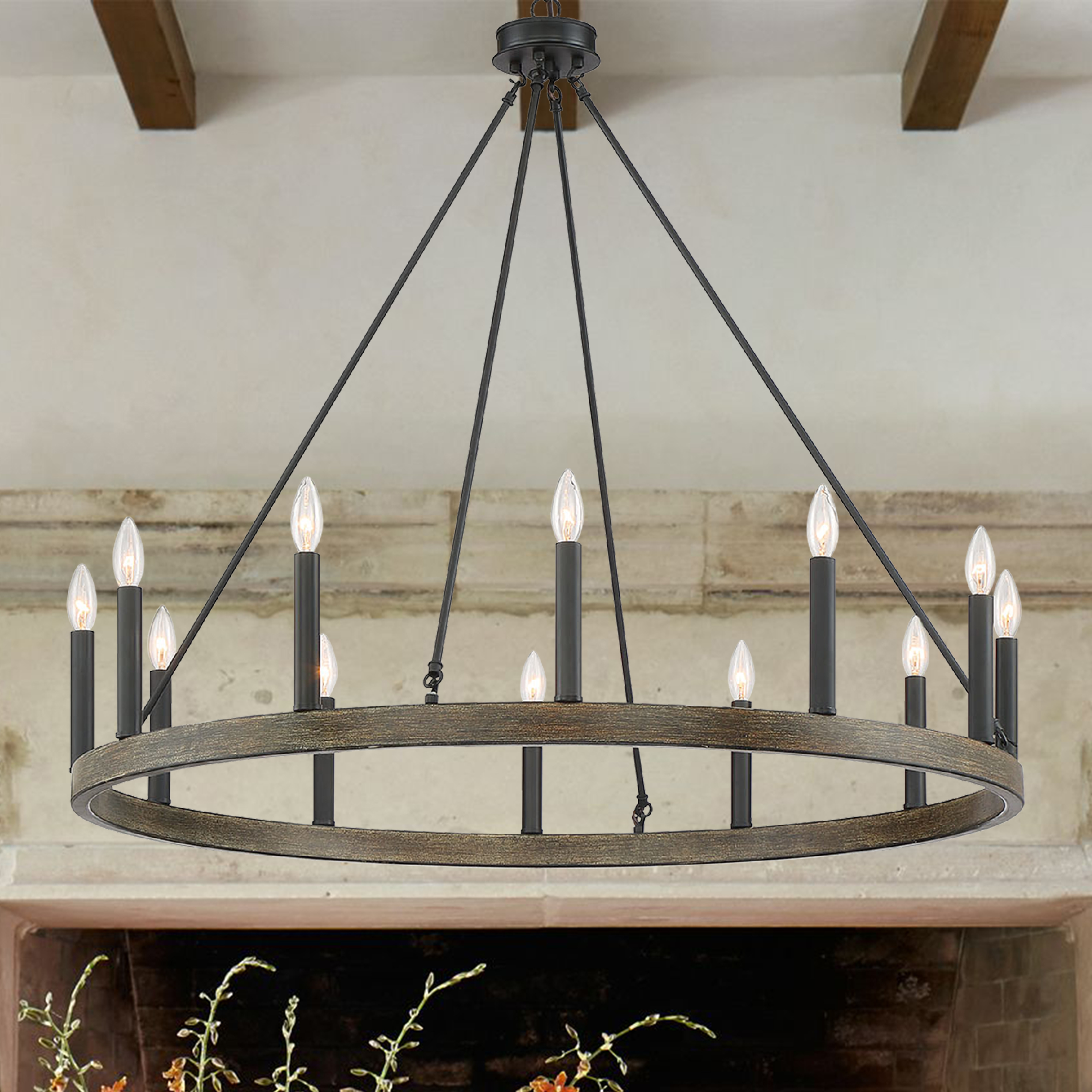 Vanity Art 12 Lights Wagon Wheel Chandelier Lighting Farmhouse Candle Ceiling Light Fixtures for Living Room Kitchen Dining Room 10552DW-BK