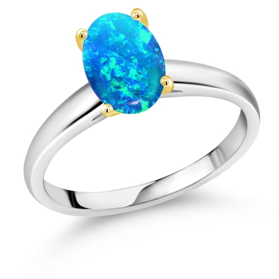 Gem Stone King 925 Silver and 10K Yellow Gold Blue Simulated Opal Solitaire Engagement Ring for Women | 0.56 Cttw | Oval Cabochon 9X7MM | Gemstone October Birthstone (Size 9)
