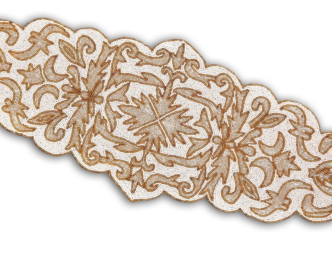 Handmade Beaded Table Runner, White And Gold Table Runner, Contemporary Table Topper 13X36 Inch