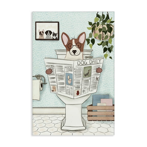 Stupell Industries Dog & Newspaper Bathroom Bath & Laundry Painting Wrapped Canvas Art Print Wall Art, 16 x 24