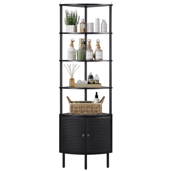 YOCWO 67" Tall Corner Bookshelf with 4-Tier Display Shelves and 2 Door Storage Cabinet, Metal Rattan Door Design, Black