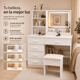 thumbnail image 4 of Zocalo Tocador con Espejo LED y Banco, Set de 2 Piezas, Tocador de Maquillaje con 5 Cajones y Estantes de Almacenamiento, Espejo con Luz Ajustable de 3 Tonos, Blanco, 4 of 8