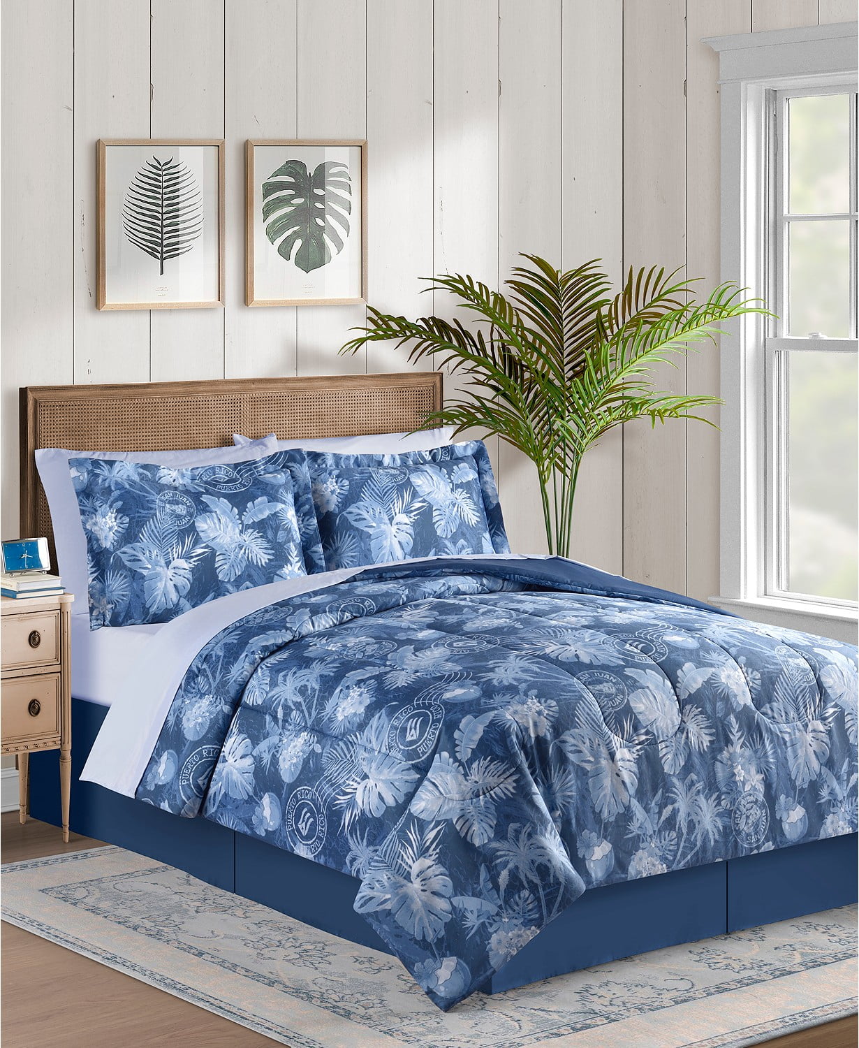 Blue Coastal Palm Leaves Island Beach House Reversible Full Comforter Set (8 Piece Bed in A Bag
