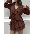 thumbnail image 5 of Women Casual Deep V Neck Knotted Tiered Chiffon Elegant Top Mini Short Swing Dresses Brown S, 5 of 8