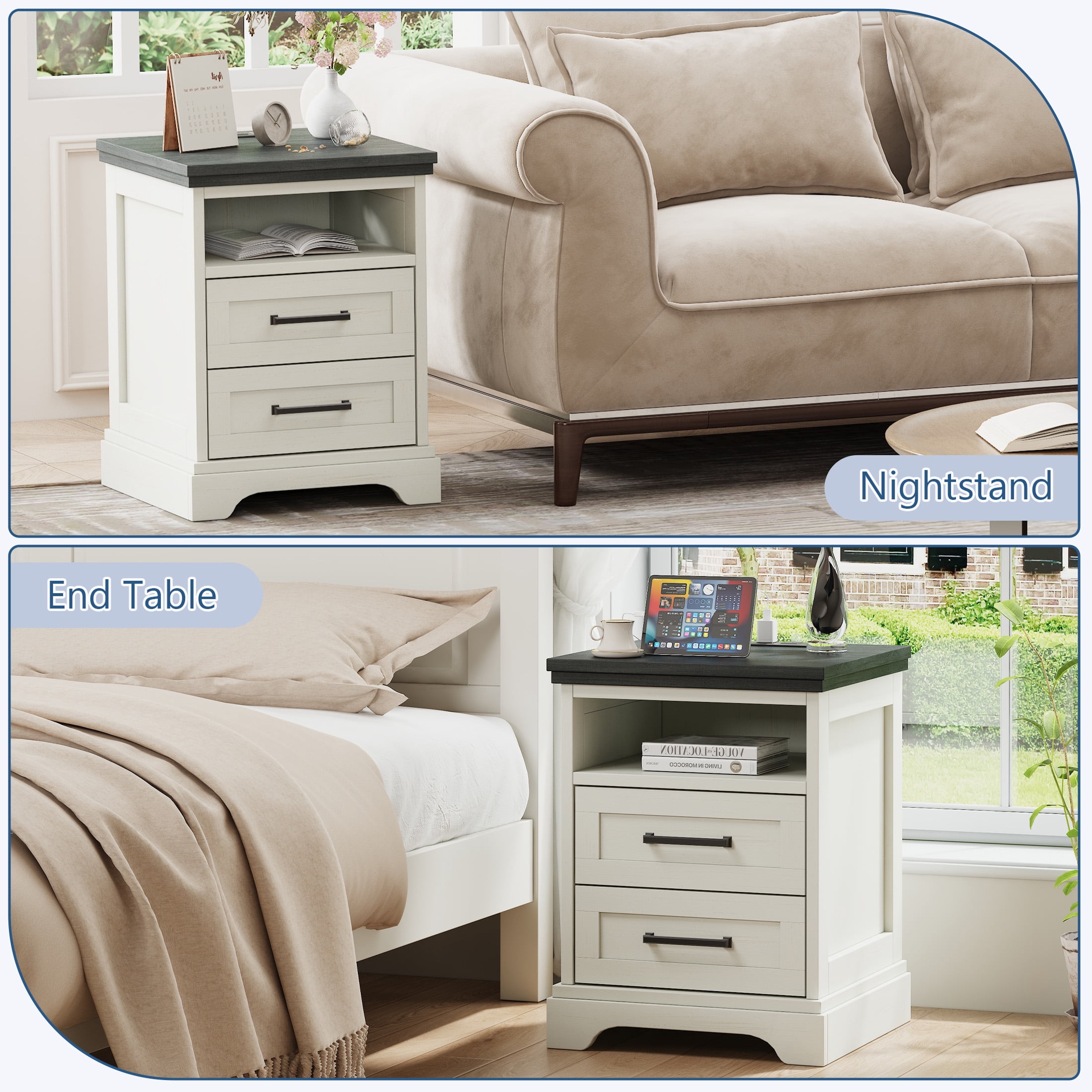 EDX 2 Drawers 24" Wood Nightstand with Drawers and Charging Station, Bedside Table for Bedroom or Living Room, White