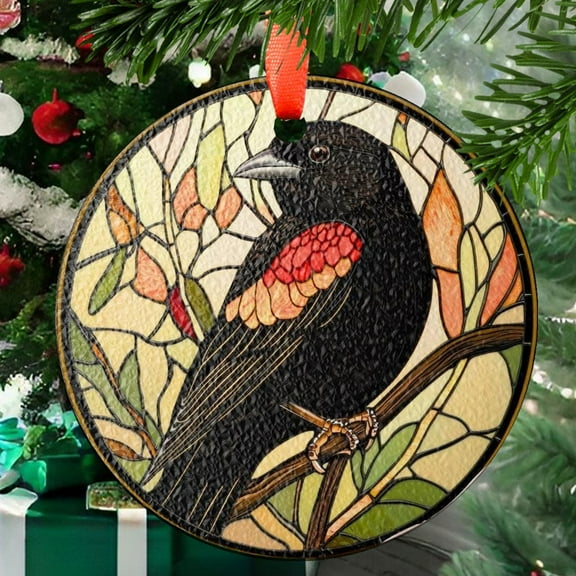 Red Winged Blackbird Stained Glass SunCatcher Bird Light Catcher Window Hanging Home Decoration Bird Lover Gift Birdwatching, Stained Glass Ornament 2025, Holiday Decoration,