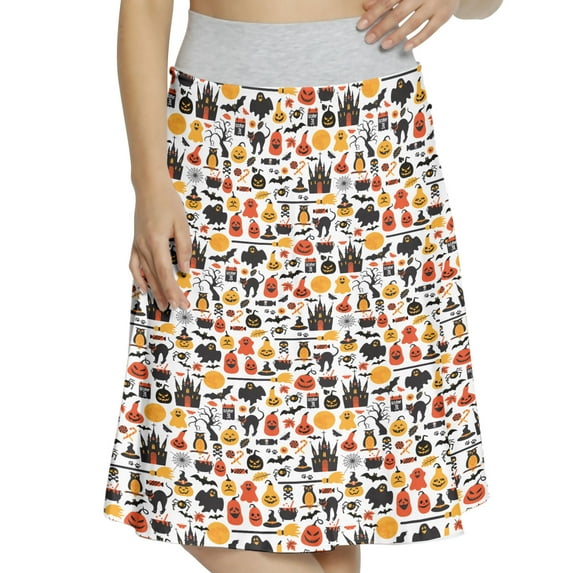 Women's Halloween Candies Owls and Castles A-line Printed Skirt Casual Wear, S, Orange Yellow Black, by Ambesonne