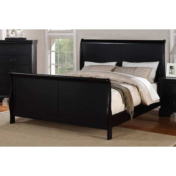 Black Finish 1pc Queen Size Bed Transitional Style Headbaord Footboard Sleigh Wooden MDF Bedframe Bedroom Furniture