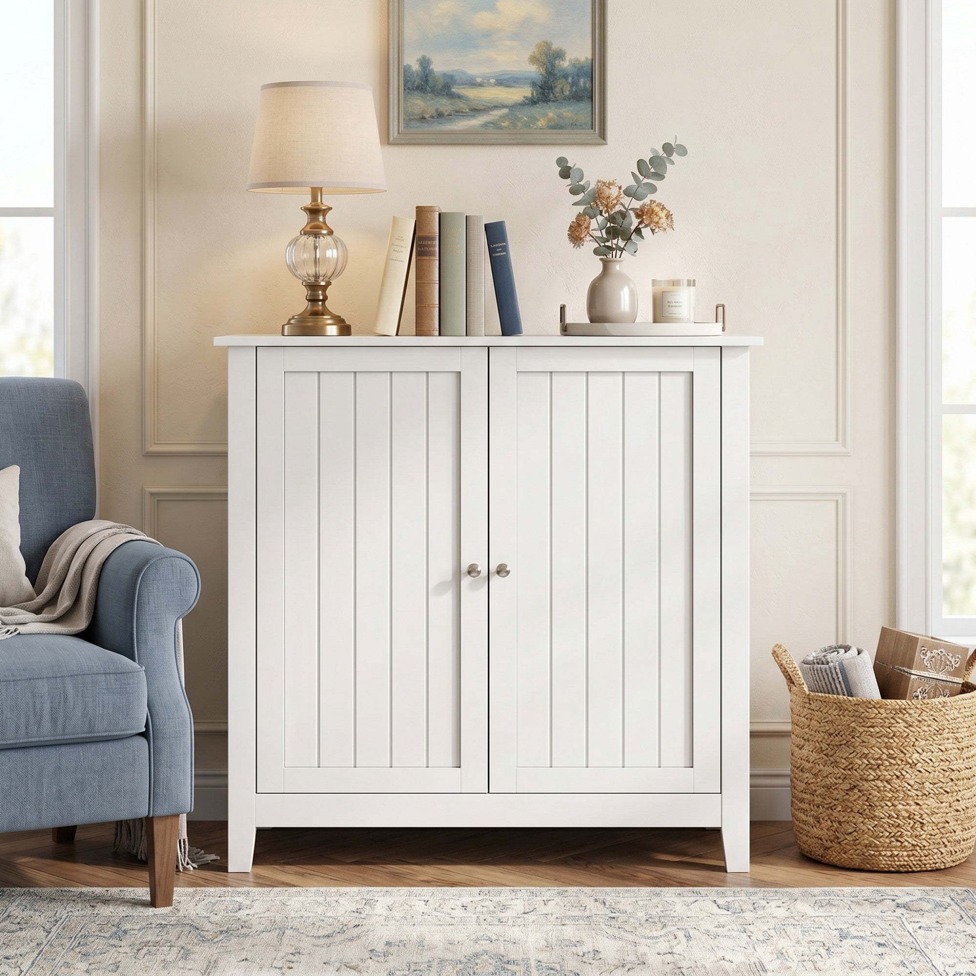 Sailvan White Double Door Storage Cabinet, Mid-Century Modern Freestanding Buffet with Silver Knobs