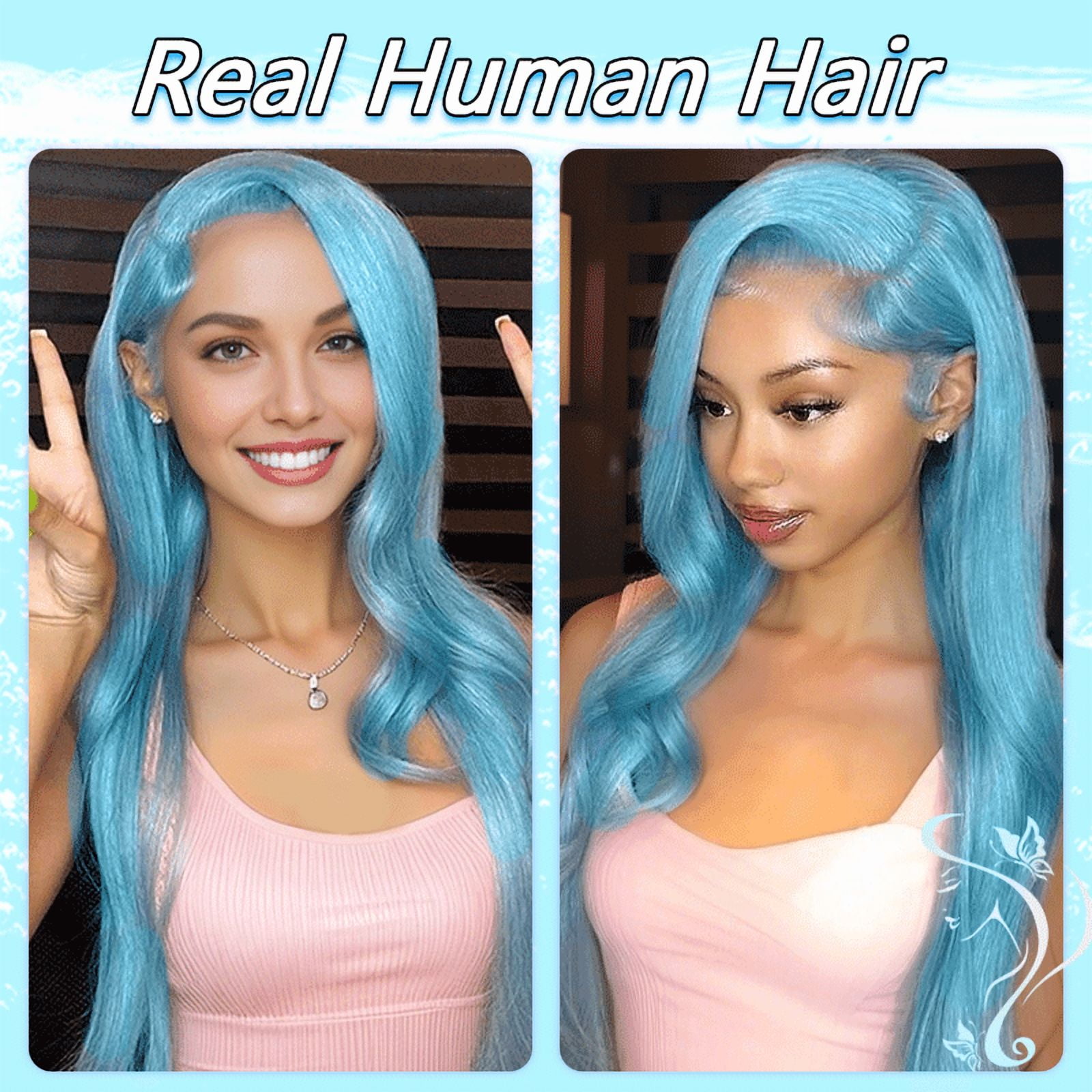 Light Blue Colored 13x4 Lace Front Wig Straight Brazilian Remy Human Hair Wigs Preplucked Natural Hairline High Density Elegant Hairstyle For Women Daily&Birthday&Wedding Use Wig 180 Density 24 Inch