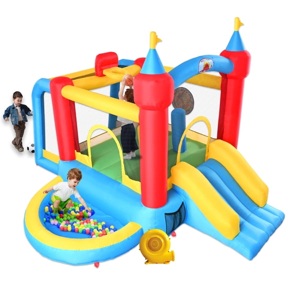 WELLFUNTIME Inflatable Bounce House for Kids, Bouncy Castle with Slide, Jumping House with Blower, Ball Pit for Backyard