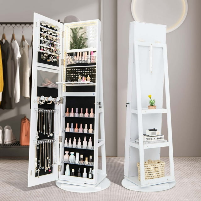 Gabinete de Joyería de Pie Costway con Luces LED cerradura espejo de Longitud completa espejo de maquillaje estante plegable base giratoria 360° Gran Capacidad de almacenamiento
