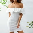 thumbnail image 4 of Women's Slim Fit Short Dress Summer Outfit Ruffle Frill Decoration Off Shoulder Backless Luxury Evening Dress-b-S, 4 of 7