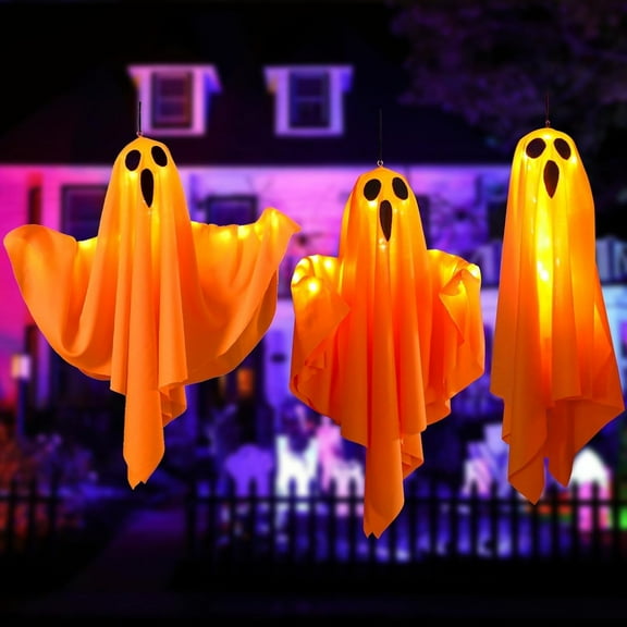 3Packs Halloween Light Up Hanging Ghost Halloween Ghost Decorations with LED Light Spooky Ghost Ornaments for Home Tree Garden Yard Party Décor and Holiday Decorations(Orange)