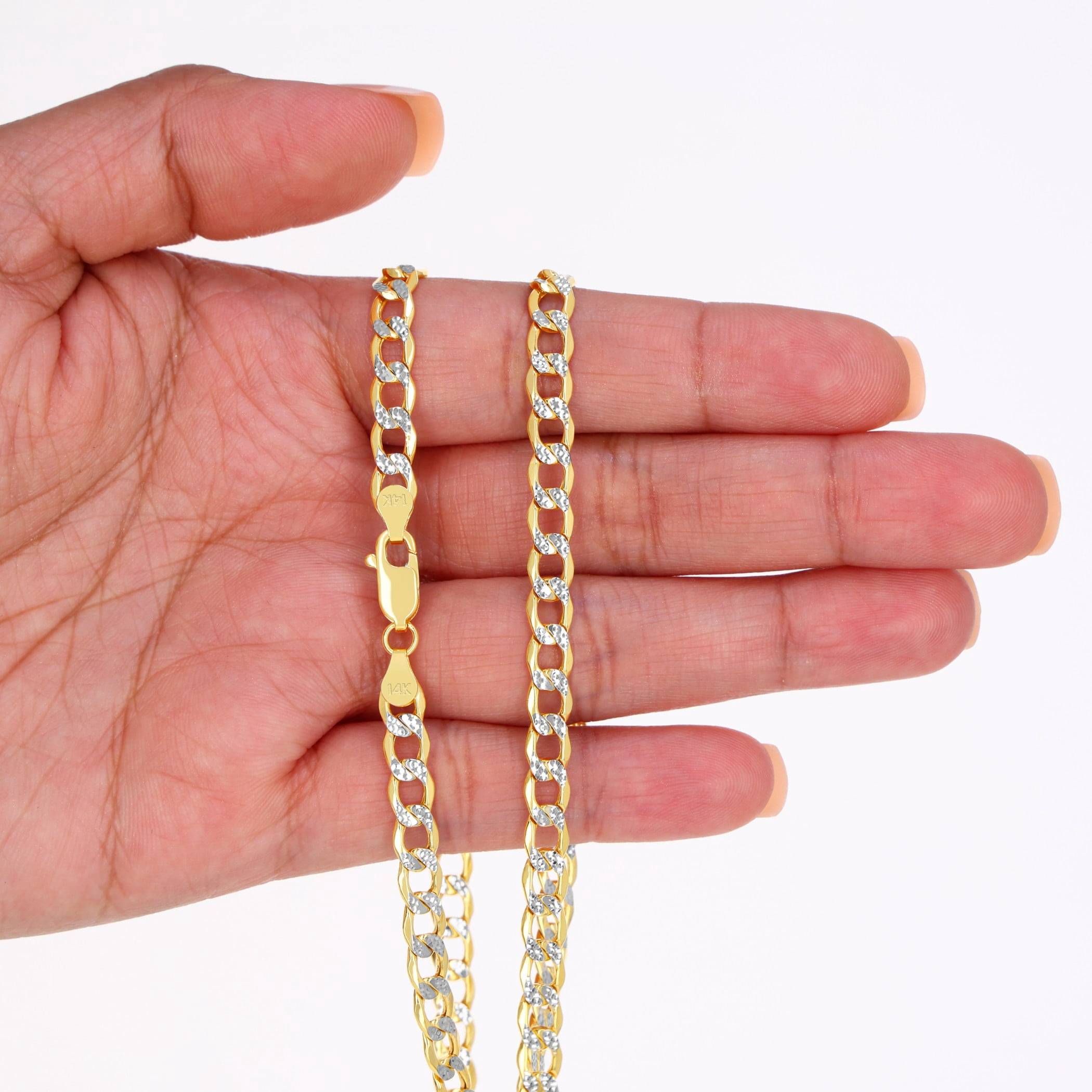 Nuragold 14k Real Yellow Gold Cuban Curb Link 5.5mm Diamond Cut Pave Chain Necklace (18"-26") Two Tone Italian Jewelry for Men