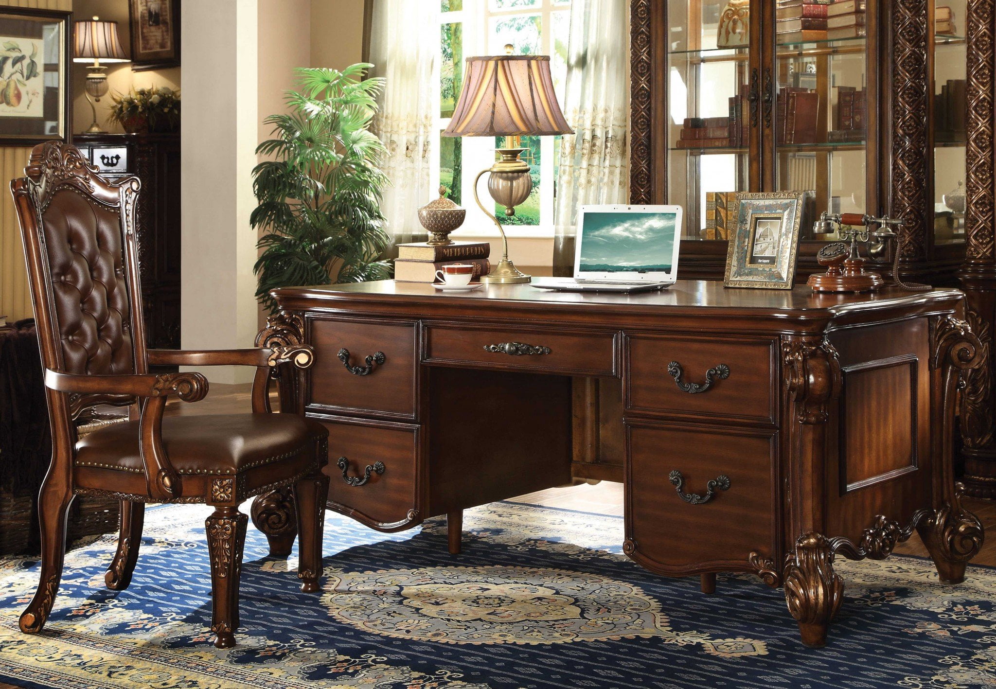 HomeRoots 348663 37 x 74 x 31 in. Cherry Wood Poly Resin Executive Desk