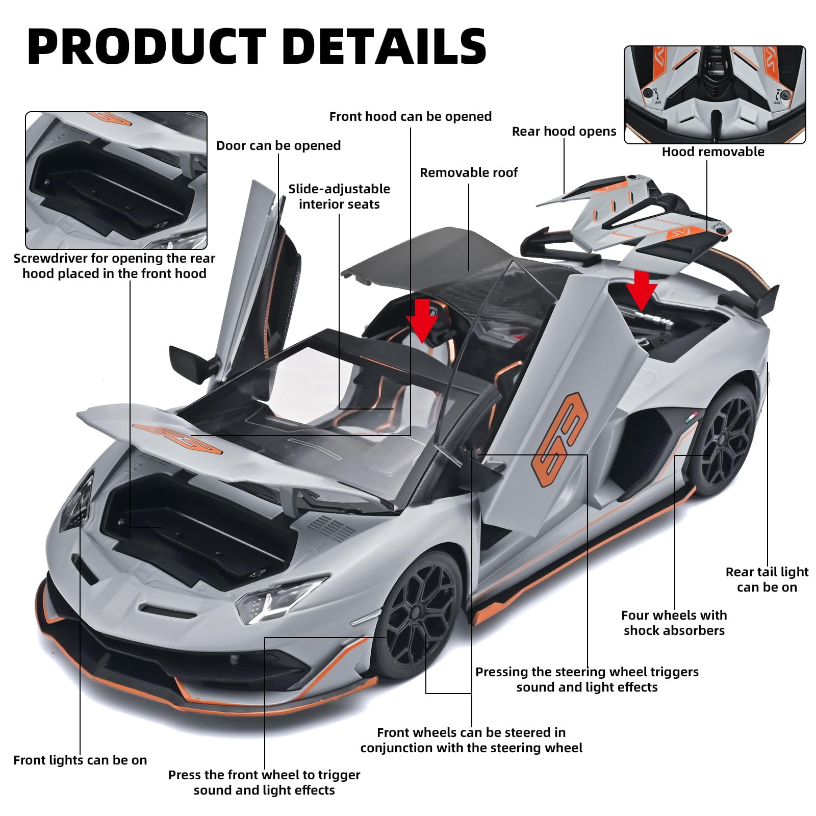 CHUNYAN 1/18 Diecast Cars Lambo SVJ 63 Model Car Kits,Lambo Collectibles Model with Light and Sound,Race Cars for Kids Ages 4-8(Black)