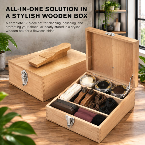 Leather Care Kit Shoe Shine Set with Brushes Polish Buffing Cloth and Wooden Box, Brown