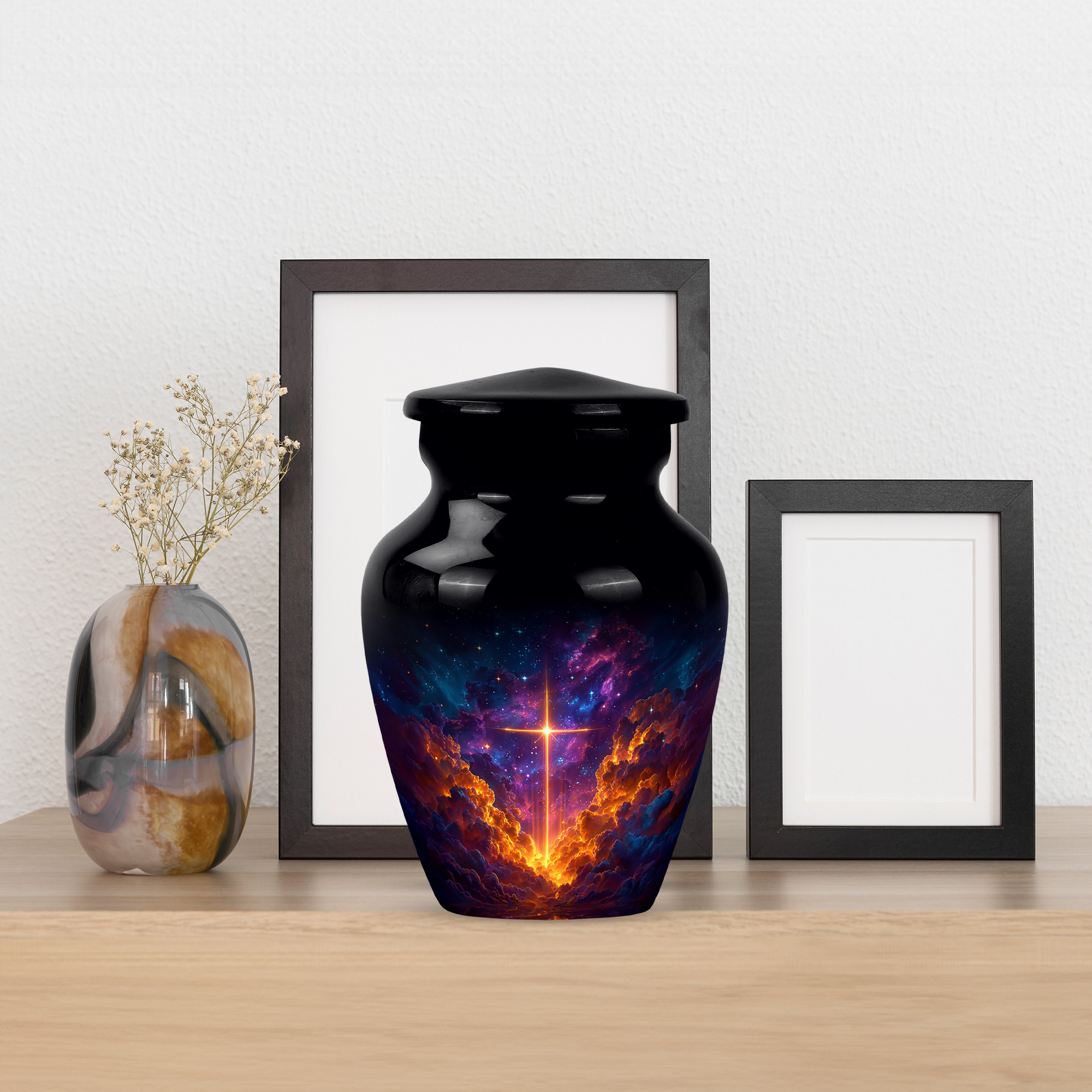 MUKTIVE Cross Tiny Burial Urns for Human Ashes Adult Man, Mini Black Cremation Urns for Adult Ashes Women, Tiny Purple Galaxy Memorial Urn for Mom, Decorative Funeral Urn for Dad, 3 Inch