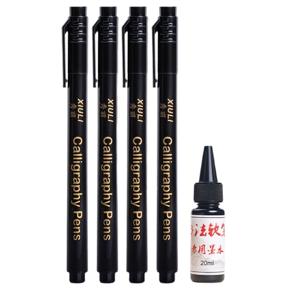 4Pcs Refillable Soft Grip Calligraphy Pen Set Includes 25ML Black Inks