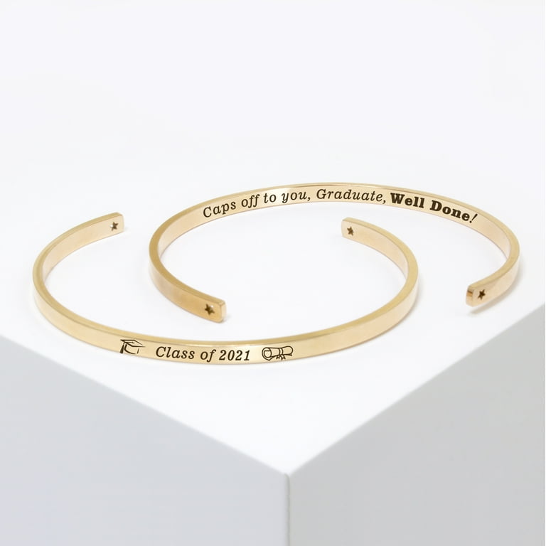 Caps Off to You Rose Gold Stainless Steel Graduation Theme Hidden Message Gift for Her Cuff Bracelet with Gift Set Women s Size 6 inch x .015 inch
