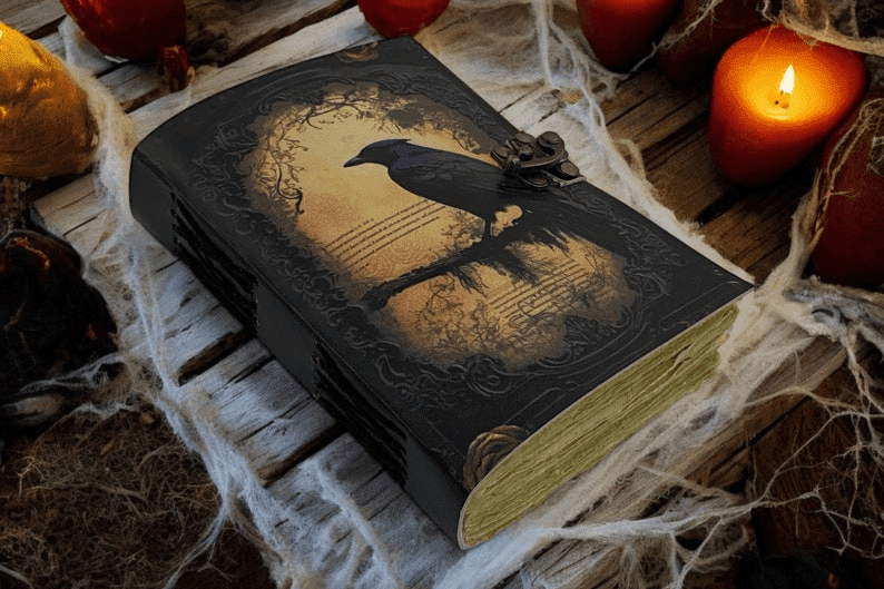 Blank Spell Book of Shadows with 200 Handmade Deckle Edge Paper Vintage Leather journal The Raven Grimoire Print gifts for him her