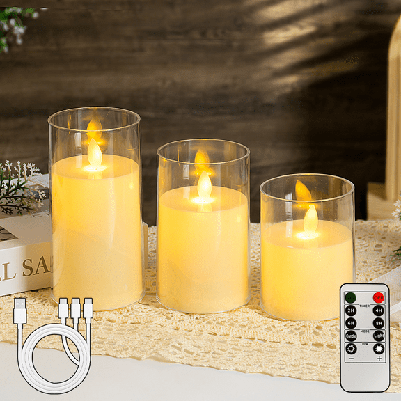 NEWJOEY Set of 3 Rechargeable Flameless LED Pillar Candles with Remote & Timer, Flickering Moving Wick White Candles for Home, Wedding & Holiday Decor