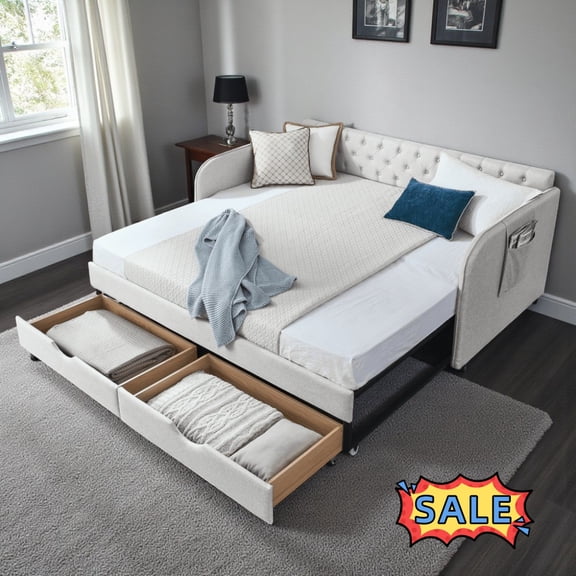 Tcbosik Linen Fabric Upholstered Daybed with Trundle, Side Pocket and 2 Storage Drawers, Twin Size Sofa Bed for Living Room, Guest Room, Bedroom, No Box Spring Needed, Beige
