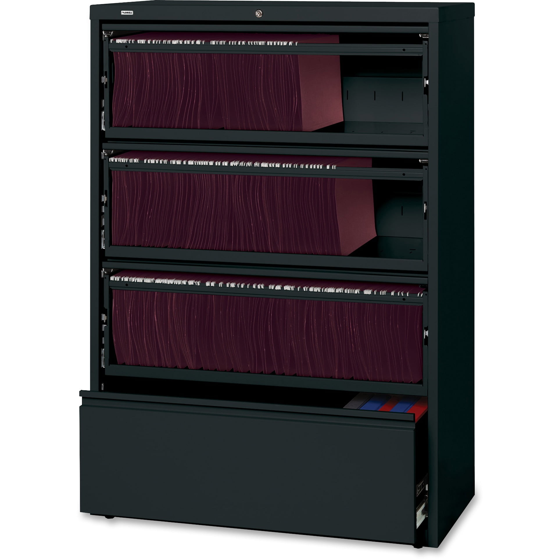 Lorell, LLR43511, Receding Lateral File with Roll Out Shelves, 1 Each, Black