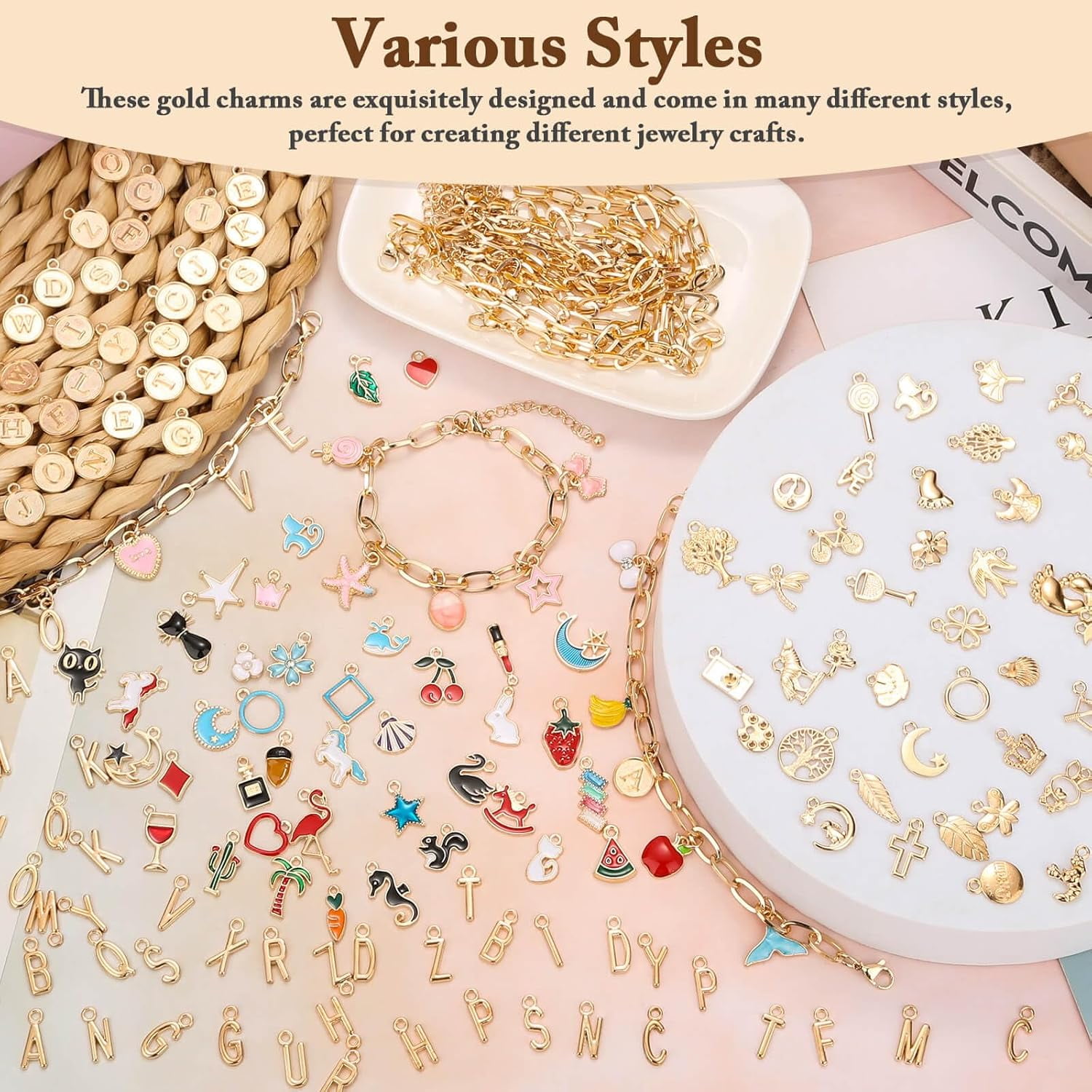 416 Pieces Gold Charm Bracelet Making Kit, Including Paperclip Chain Bracelets, Charms, Jump Rings for Jewelry Making