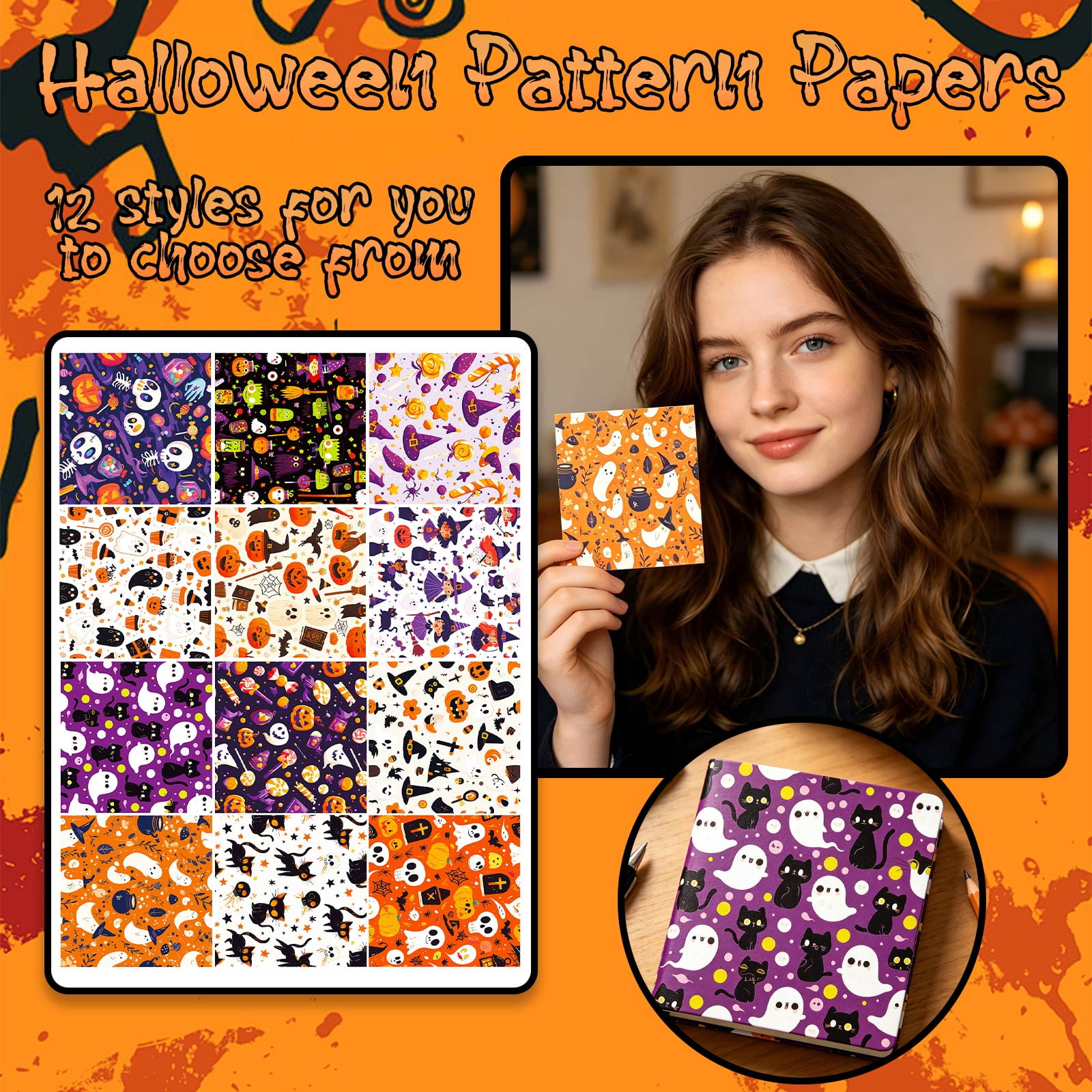 Halloween Scrapbook Paper with Assorted Witch Pumpkin and Ghost Patterns 12-Pack Purple and Orange Designs for Student Crafts and Card Making Patterned Craft Paper