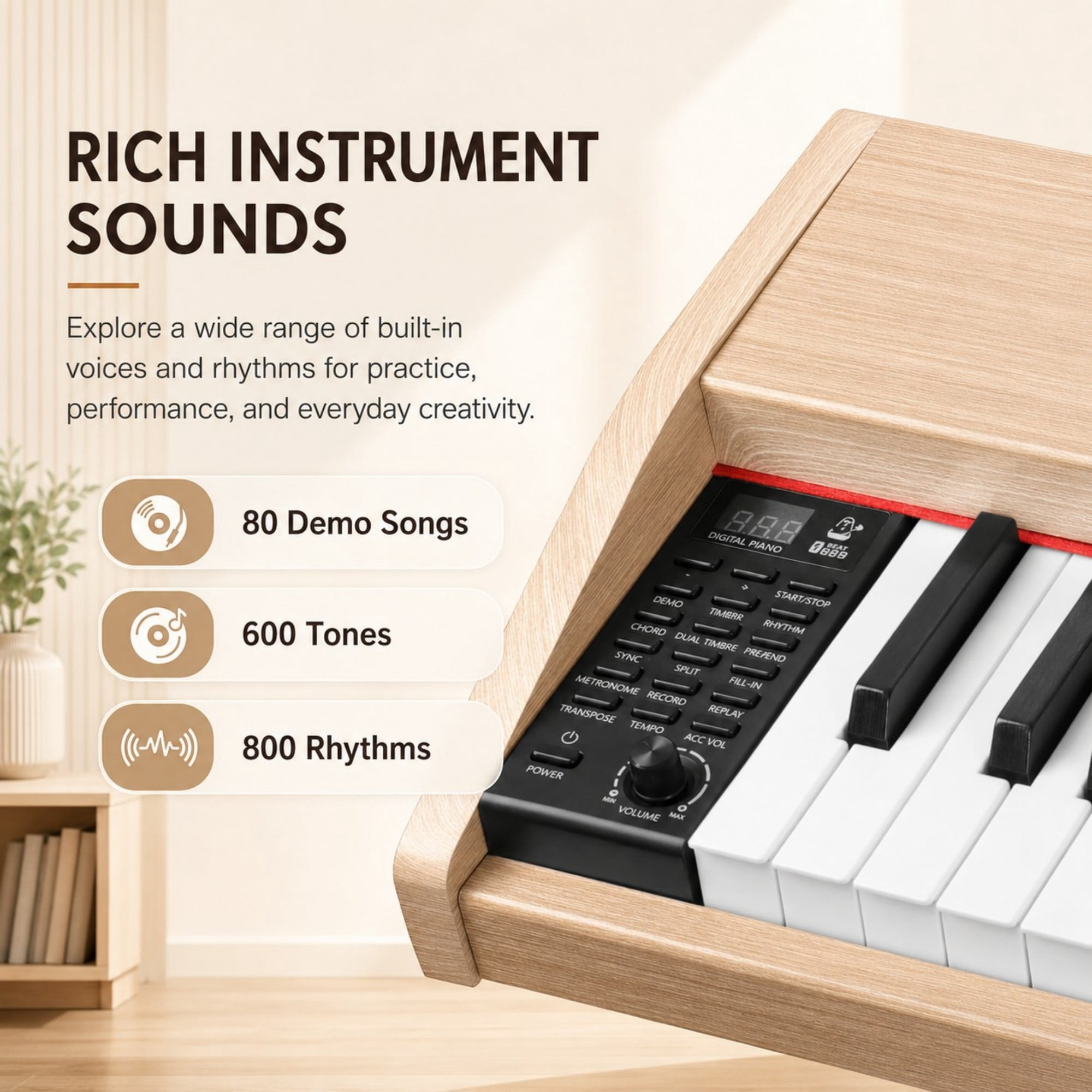 DEALTOPS 88 Key Digital Piano Keyboard with Wooden Stand, Semi-Weighted Electric Piano Set, Oak Wood Grain
