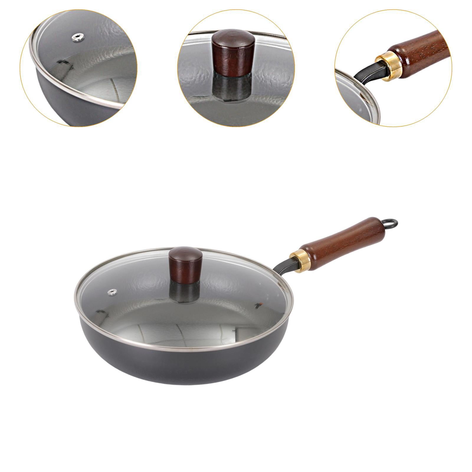 TISHITA Iron Wok Non Sticky Cookware Comfortable Grip Easy to Clean for All Stoves Cooking Tool Wooden Handle Flat Bottom Chinese Wok Diameter 24cm