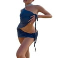 thumbnail image 3 of Women Y2K Grunge Bodycon Outfits Side Drawstring Irregular Oblique Shoulder Crop Tops with Mini Skirts Set Blue M, 3 of 7