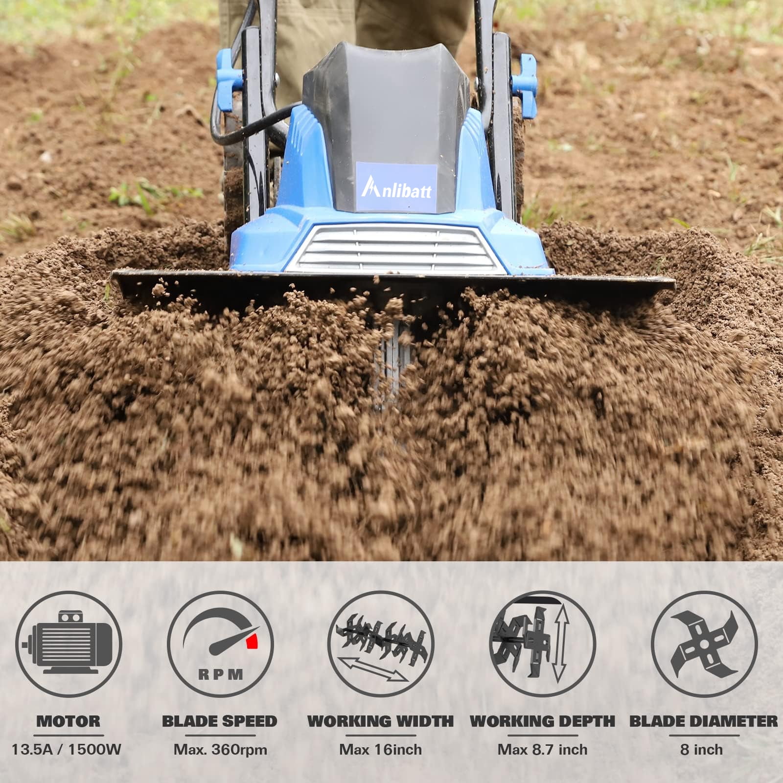 16 in Tiller Cultivator 120V 13.5 Amp 6 Steel Tines Tillers for Gardening Foldable Electric Garden Rototiller with Adjustable Wheels