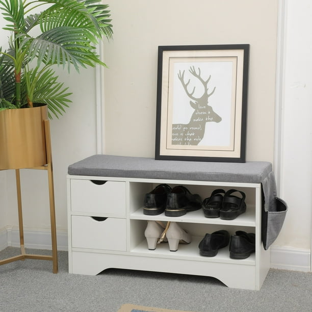 Shoe Storage Bench With Gray Cushion White Rack 2 Drawers And Bags Cabinet Seat For Entryway Hallway Bedroom Com Shoe Storage Bench With Gray Cushion, White Shoe Storage Bench Entryway